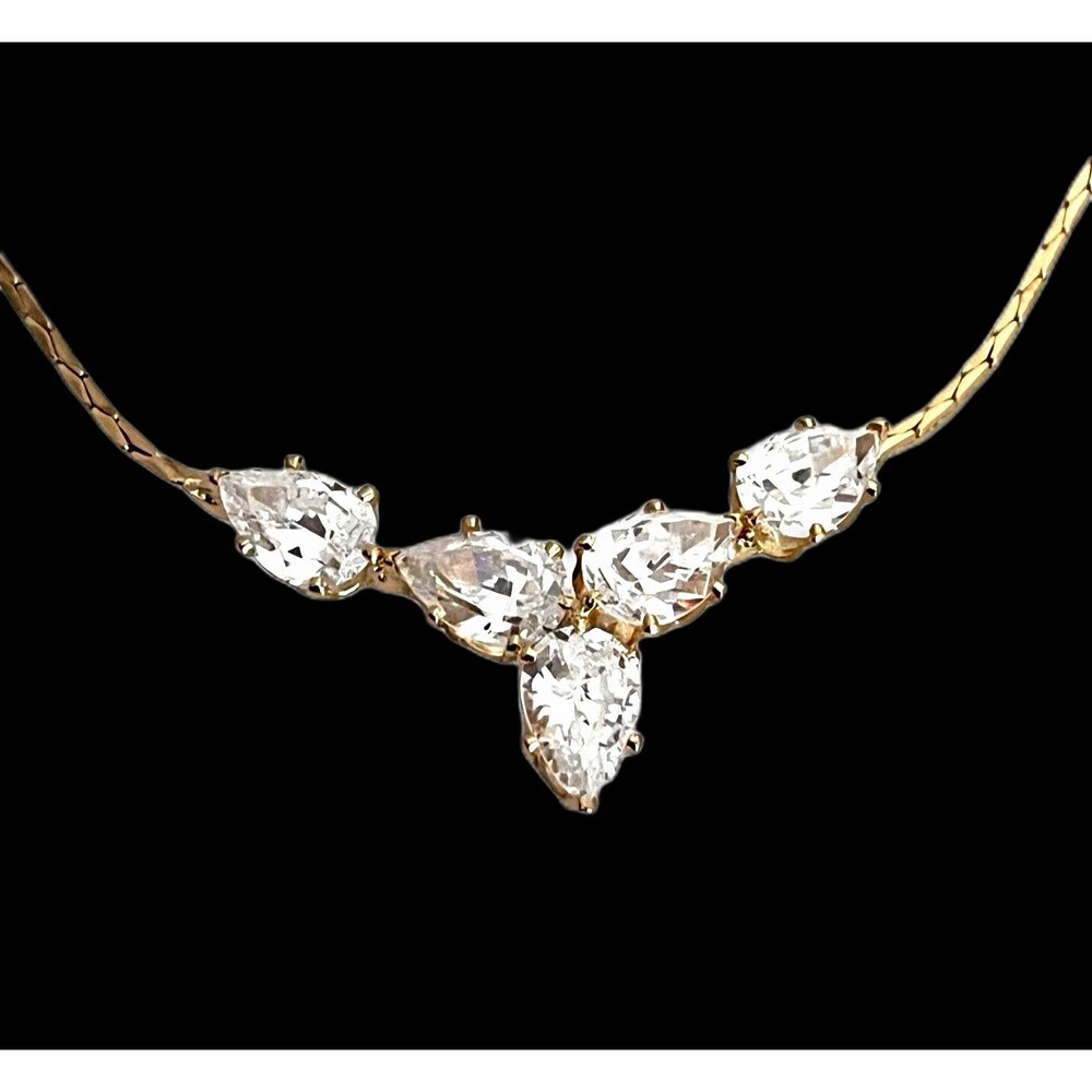 Vintage 1980s Crystal Necklace Gold Tone Pear Formal Bridal Jewelry - 1V